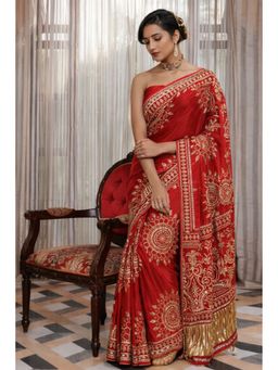 Geroo Jaipur - Red Silk Saree with Gota Patti Jaal Work with Unstitched Blouse