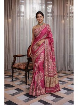Geroo Jaipur - Pink Silk Saree with Gota Patti Jaal Work with Unstitched Blouse