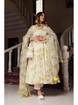 POMCHA - Yellow Phool Organza Anarkali (Set of 3)