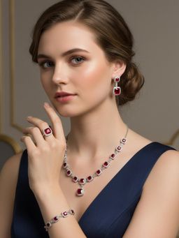 Axora Life - Women 925 Sterling Silver Ruby Red Trendy Jewellery Set
