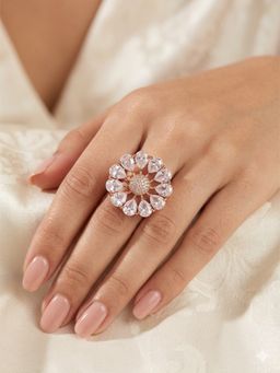 Adwitiya - Women Rose Gold Plated White Stone Flower Adjustable Ring