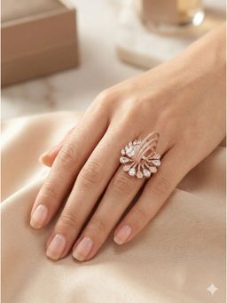 Adwitiya - Women Rose Gold Plated Peacock Feather Adjustable Ring