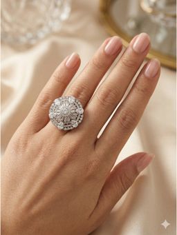 Adwitiya - Women Rhodium Plated Round Dome Starburst Adjustable Ring