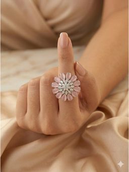 Adwitiya - Women Pink Petal Flower Diamond Adjustable Ring