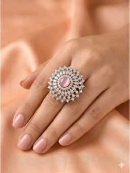 Adwitiya - Women Pink Cat-Eye Stone Floral Medallion Adjustable Ring
