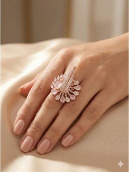 Adwitiya - Women Rose Gold Plated Pink Stone Peacock Designer Adjustable Ring