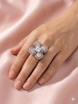 Adwitiya - Women Rhodium Plated Four-Petal Clover Diamond Adjustable Ring