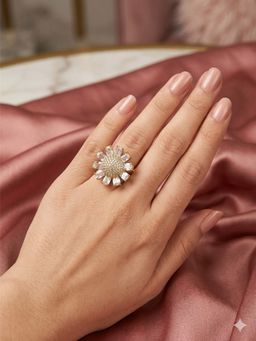 Adwitiya - Women Gold Plated Sunflower Baguette Diamond Adjustable Ring
