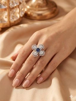 Adwitiya - Women Rhodium Plated Blue Sapphire Four-Petal Clover Adjustable Ring