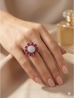 Adwitiya - Women Rhodium Plated Pink Sunflower Baguette Adjustable Ring