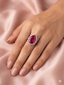 Adwitiya - Women Rhodium Plated Pear Cut Pink Solitaire Adjustable Ring
