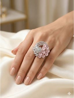 Adwitiya - Women Rhodium Plated Soft Pink Peacock Designer Adjustable Ring