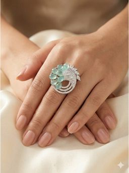 Adwitiya - Women Rhodium Plated Mint Green Peacock Designer Adjustable Ring