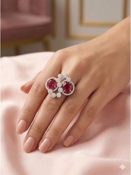 Adwitiya - Women Rhodium Plated Dual Pink Oval Designer Adjustable Ring
