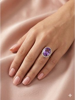 Adwitiya - Women Rhodium Plated Oval Amethyst Purple Solitaire Halo Adjustable Ring