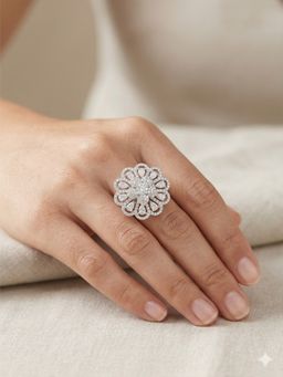 Adwitiya - Women Rhodium Plated Scalloped Floral Teardrop Adjustable Ring