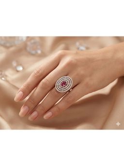 Adwitiya - Women Rhodium Plated Pink Oval Adjustable Ring