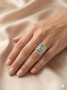 Adwitiya - Women Rose Gold Mint Emerald-Cut Embellished Halo Ring