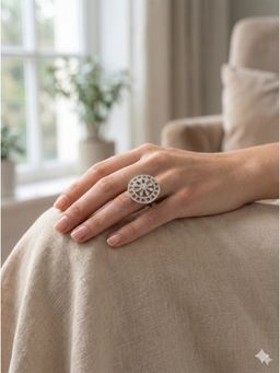 Adwitiya - Women Rhodium Plated Snowflake Mandala Medallion Adjustable Ring