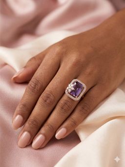 Adwitiya - Women Rose Gold Plated Amethyst Purple Emerald-Cut Halo Ring