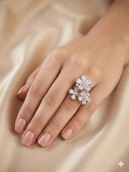 Adwitiya - Women Rhodium Plated Triple Floral Cluster Teardrop Adjustable Ring