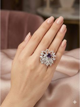 Adwitiya - Women Rhodium Plated Amethyst Purple Adjustable Ring
