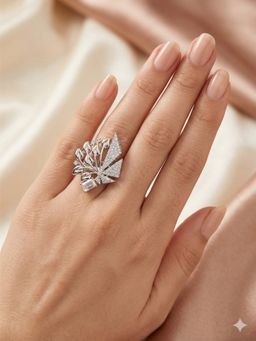 Adwitiya - Women Rhodium Plated Botanical Fan Emerald-Cut Stated Ring