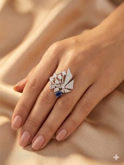 Adwitiya - Women Rhodium Plated Sapphire Blue Botanical Ring
