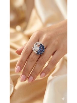 Adwitiya - Women Rhodium Plated Sapphire Blue Peacock Adjustable Ring