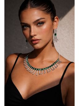 Niska - Women Rhodium-Plated Brass Green Zirconia Studded Necklace Set