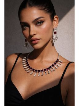 Niska - Women Rhodium-Plated Brass Red Zirconia Studded Necklace Set