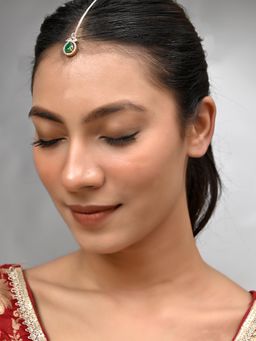 Silvermerc Designs - Women American Diamond Green Stone Maangtikka