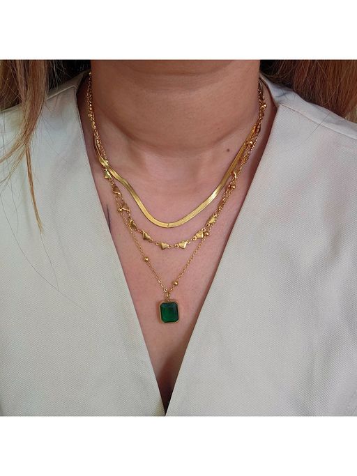 TAAHIRA JEWELLERY Women 18K Gold Plated Trio Emerald Green Stone Necklace