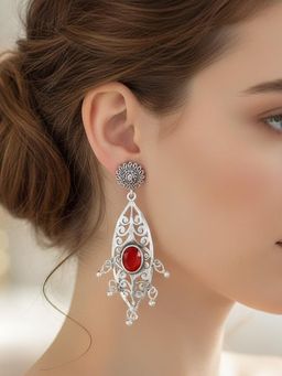 925 SILLER - Women Vintage Red Filigree Crimson Drop Earrings