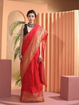 Beatitude - Red Woven Linen Saree with Unstitched Blouse