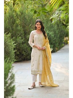 Mahee Jaipur - Ivory Yellow Aarzoo Chanderi Mirror Kurta with Pant and Yellow Dupatta (Set of 3)