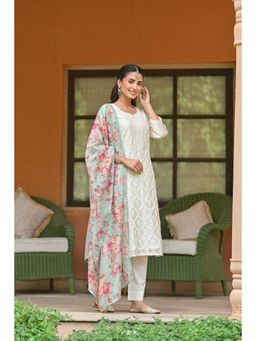Mahee Jaipur - Off White Aarzoo Chanderi Kurta with Pant and Aqua Blue Floral Dupatta (Set of 3)