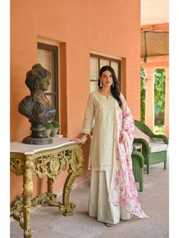 Mahee Jaipur - Off White Chikankari Kurta With Floral Chanderi Dupatta And Lehenga (Set of 3)