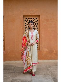 Mahee Jaipur - Beige Muslin Kurta with Pant and Red Printed Dupatta (Set of 3)