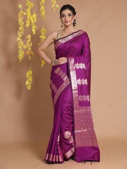 CHARUKRITI - Purple Silk Handwoven Zari Woven Floral Designs & Motifs Saree with Unstitched Blouse