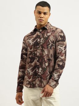 United Colors of Benetton - Brown Regular Fit Spread Collar Printed Brush Strokes Shirt