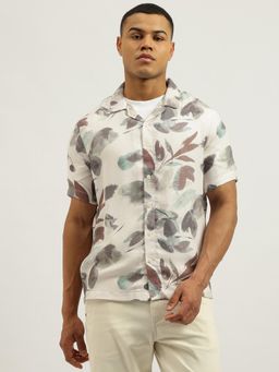 United Colors of Benetton - White Relaxed Fit Resort Collar Floral Print Watercolor Shirt