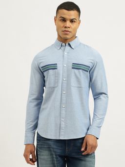 United Colors of Benetton - Blue Regular Fit Button Down Solid Oxford Tape Detail Shirt