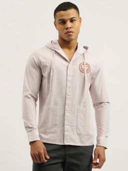 United Colors of Benetton - Pink Relaxed Fit Striped Oxford Hooded Shacket