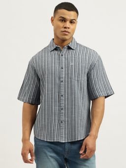 United Colors of Benetton - Blue Oversized Fit Spread Collar Striped Grindle Shirt