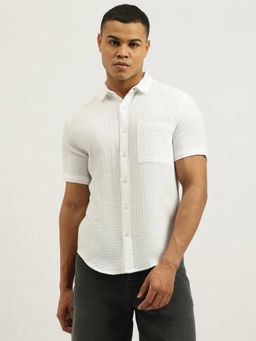 United Colors of Benetton - White Relaxed Fit Spread Collar Textured Double Cloth Shirt