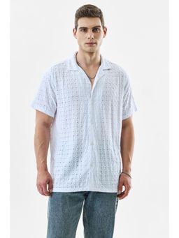 Snitch - White Embroidered Half Sleeves Boxy Casual Shirt