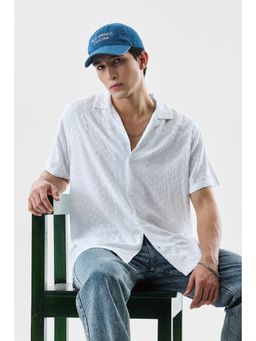 Snitch - White Embroidered Half Sleeves Boxy Casual Shirt