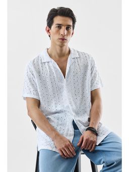 Snitch - White Embroidered Half Sleeves Boxy Casual Shirt