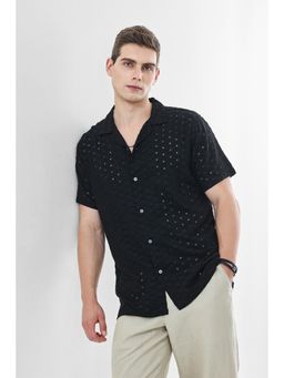 Snitch - Black Embroidered Half Sleeves Boxy Casual Shirt